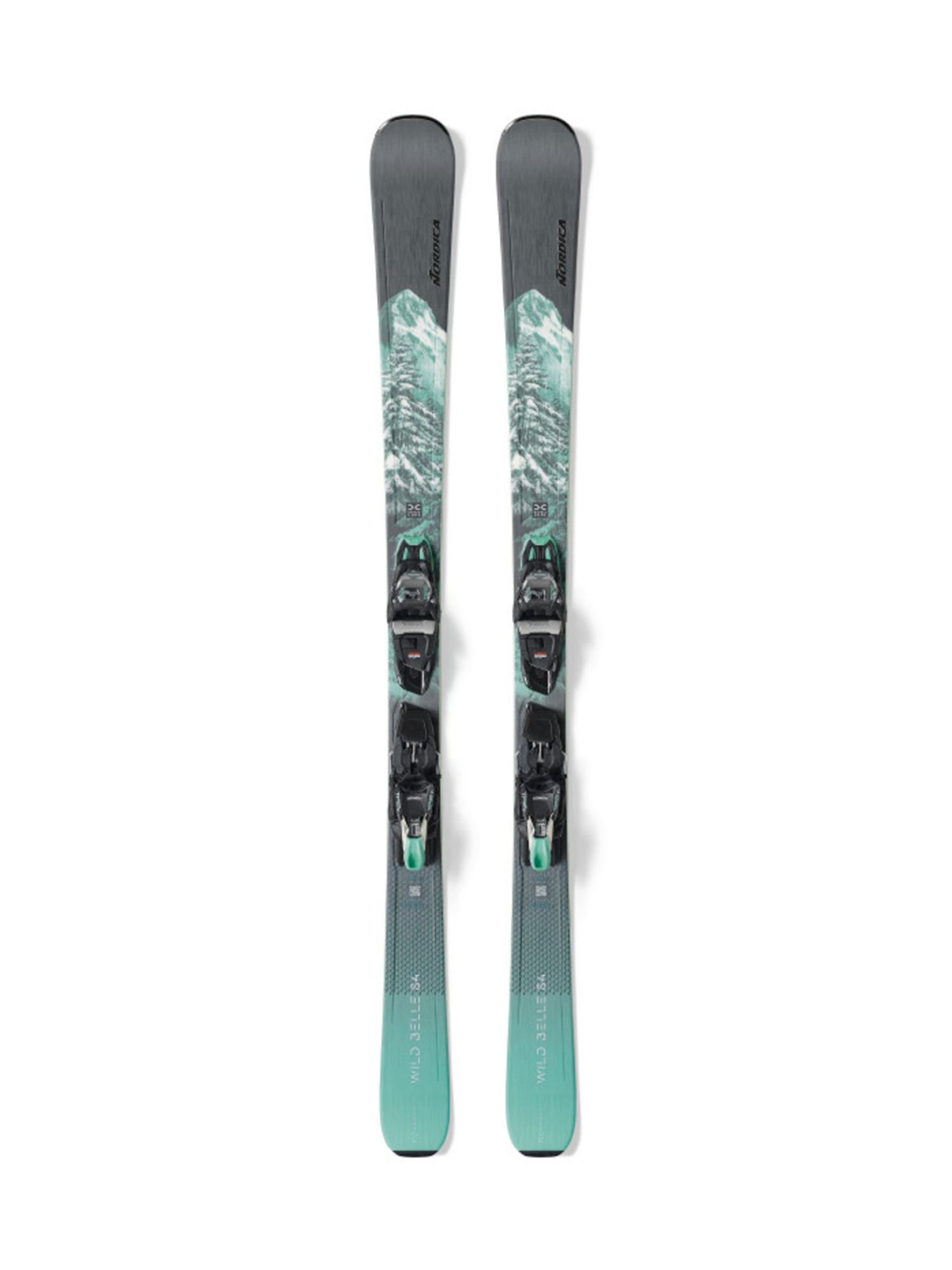 women's Nordica Wild Belle skis with bindings.   Gray and teal snowy tree scene on skis, black and teal bindings.