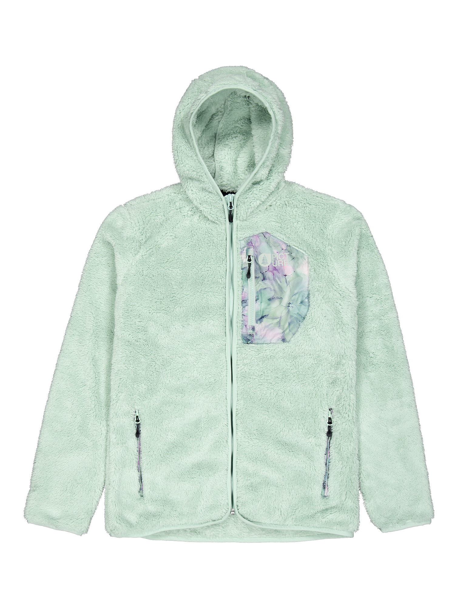 women's full zip hooded fleece, mint green with flower pocket design