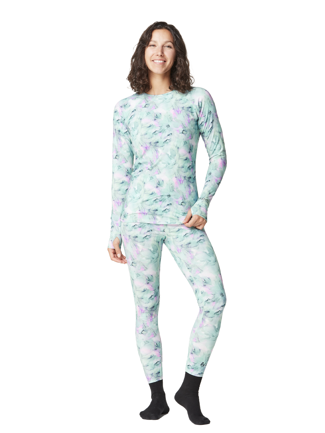 women's base layer top and pants set, watercolor floral print