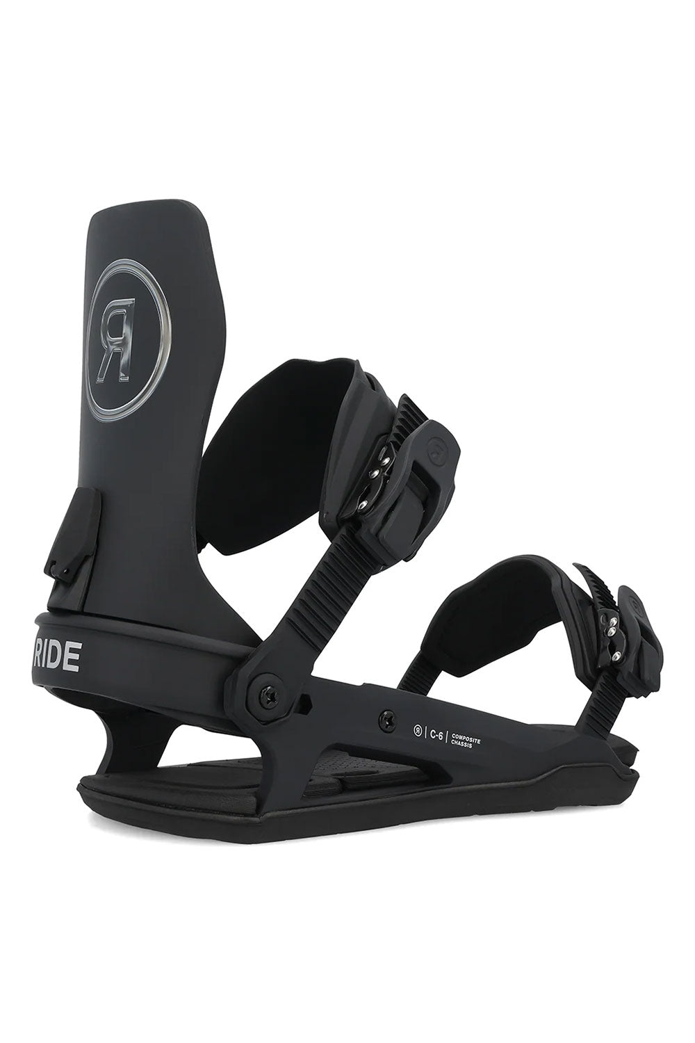Black snowboard binding with a visible brand logo on a white background