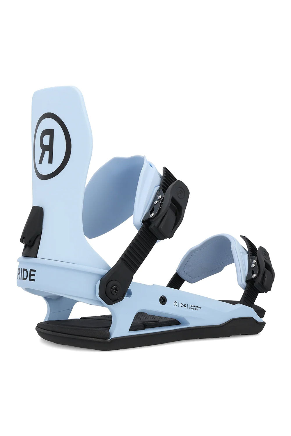 Light blue snowboard bindings with black hardware on a white background