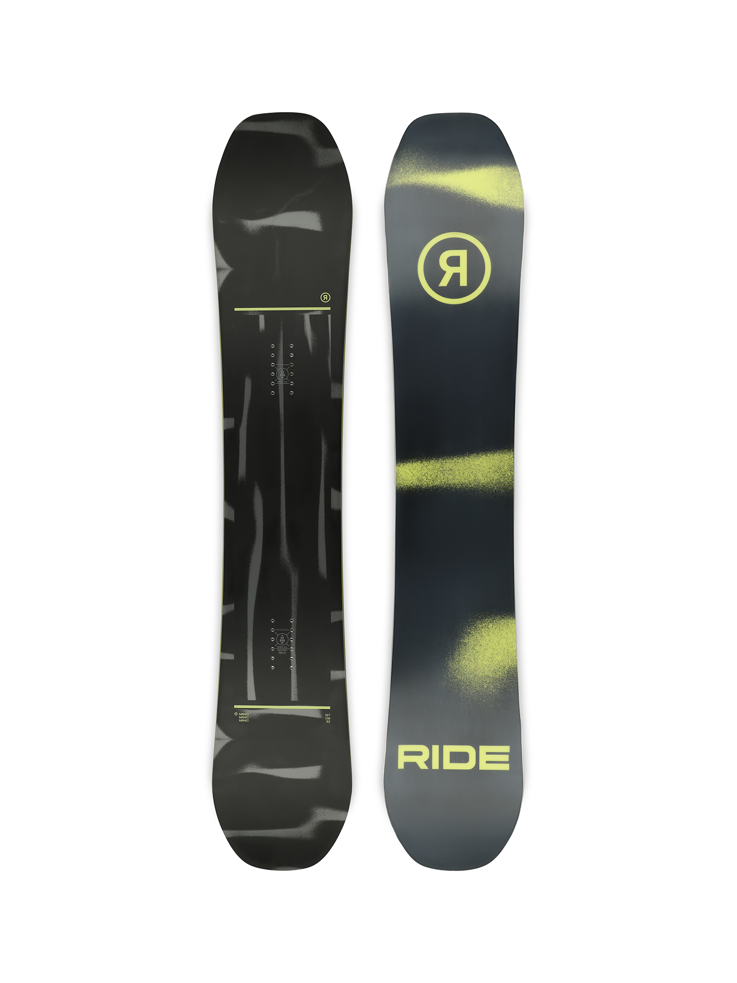 men's Ride Manic snowboard, black with lime green accents