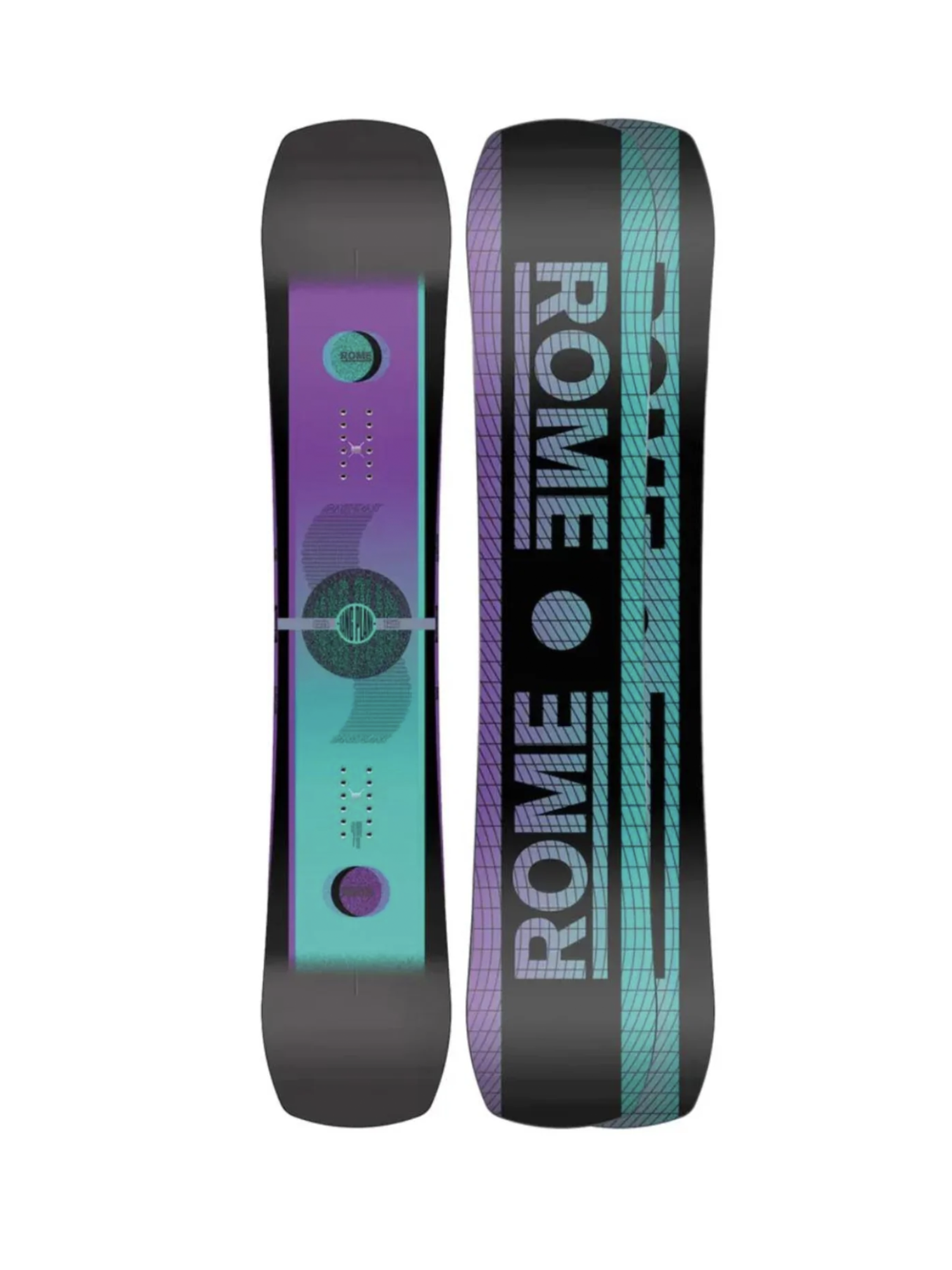 Rome Gang Plank snowboard, black with teal and purple geometric design