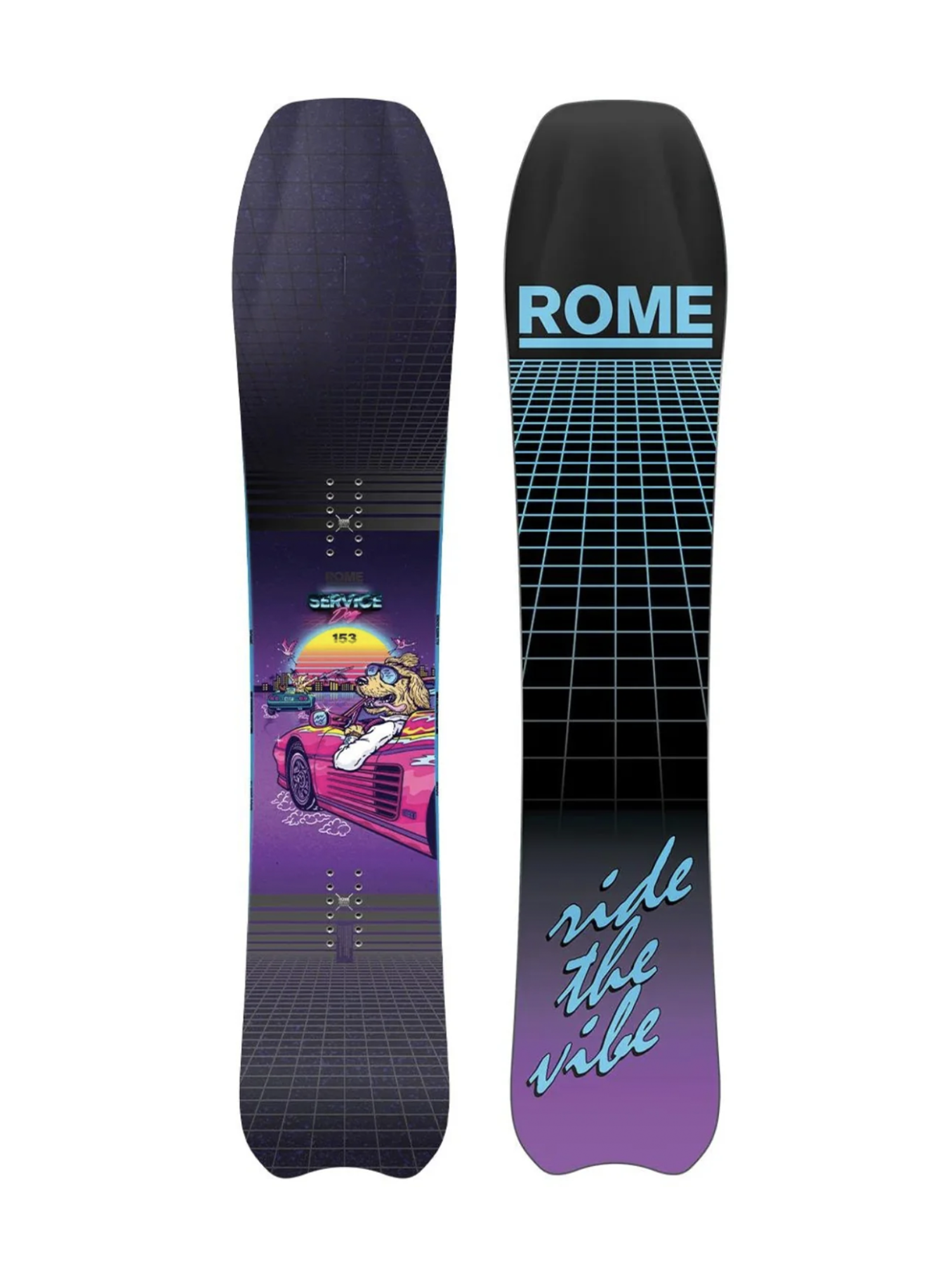 Rome Service Dog snowboard,   retro Miami Vice graphic with dog in pink convertible