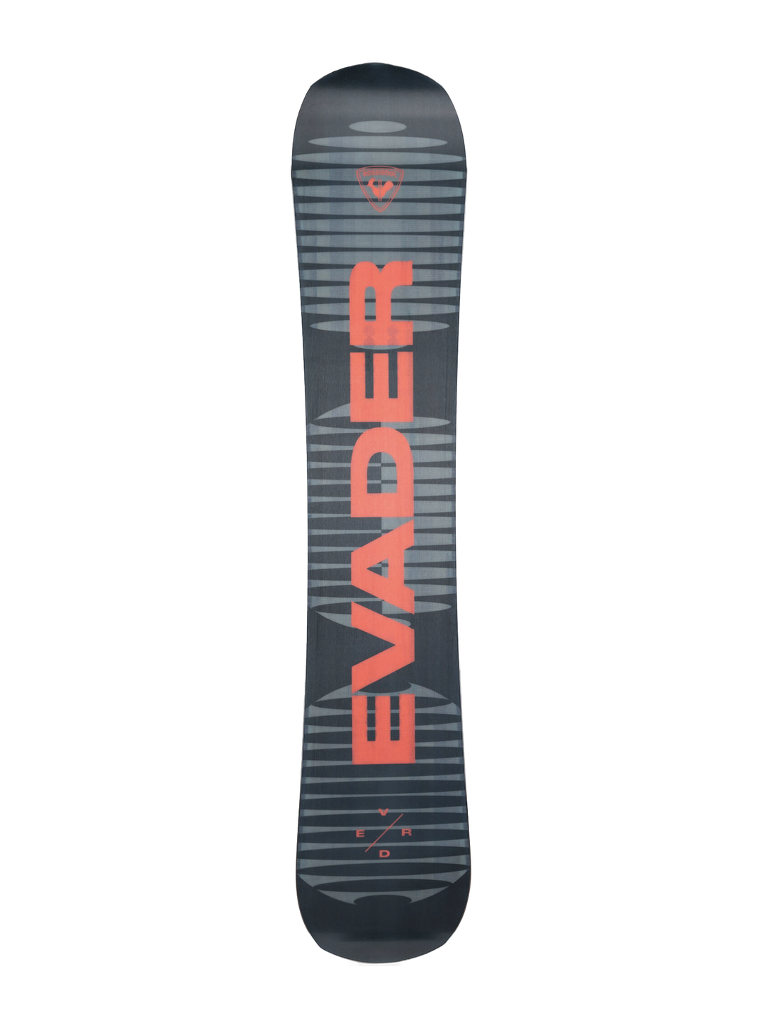 Gray snowboard with 'Evader' branding on a white background