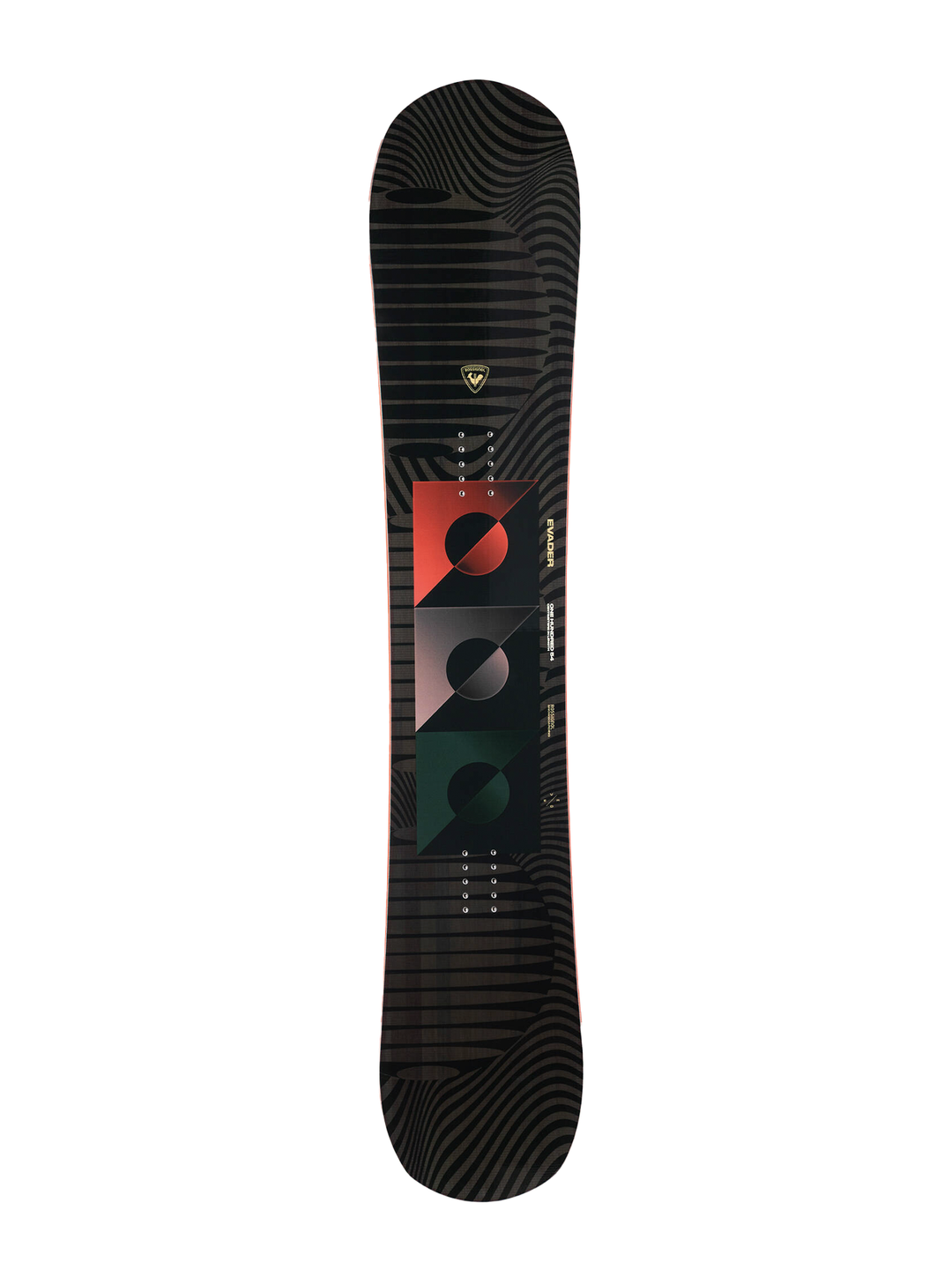 Black snowboard with geometric design on a white background