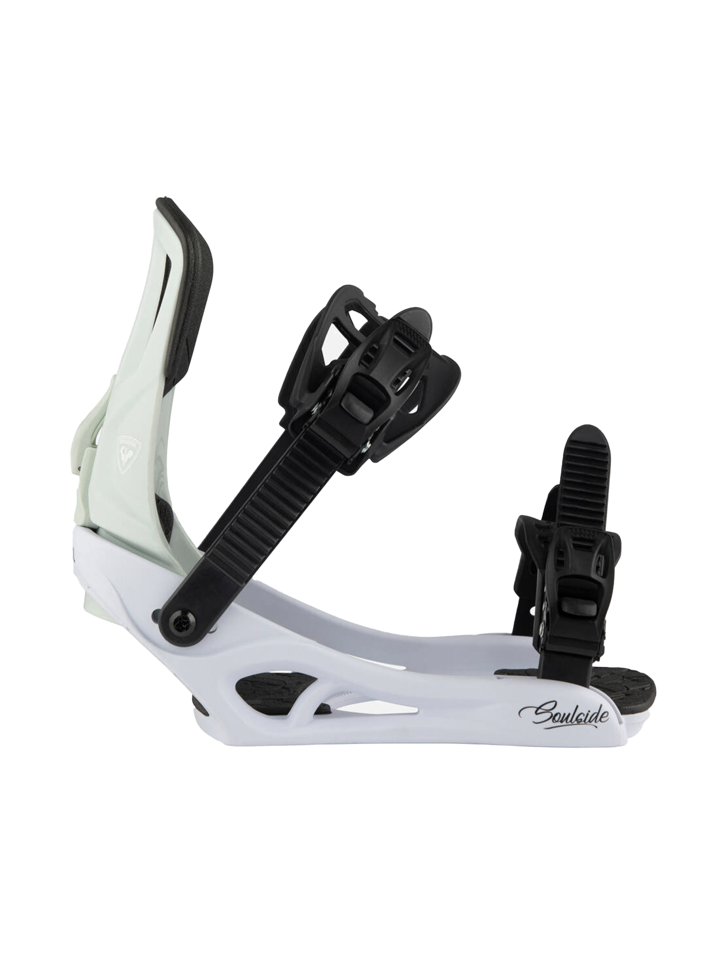 women's Rossignol snowboard bindings, white and mint green with black straps
