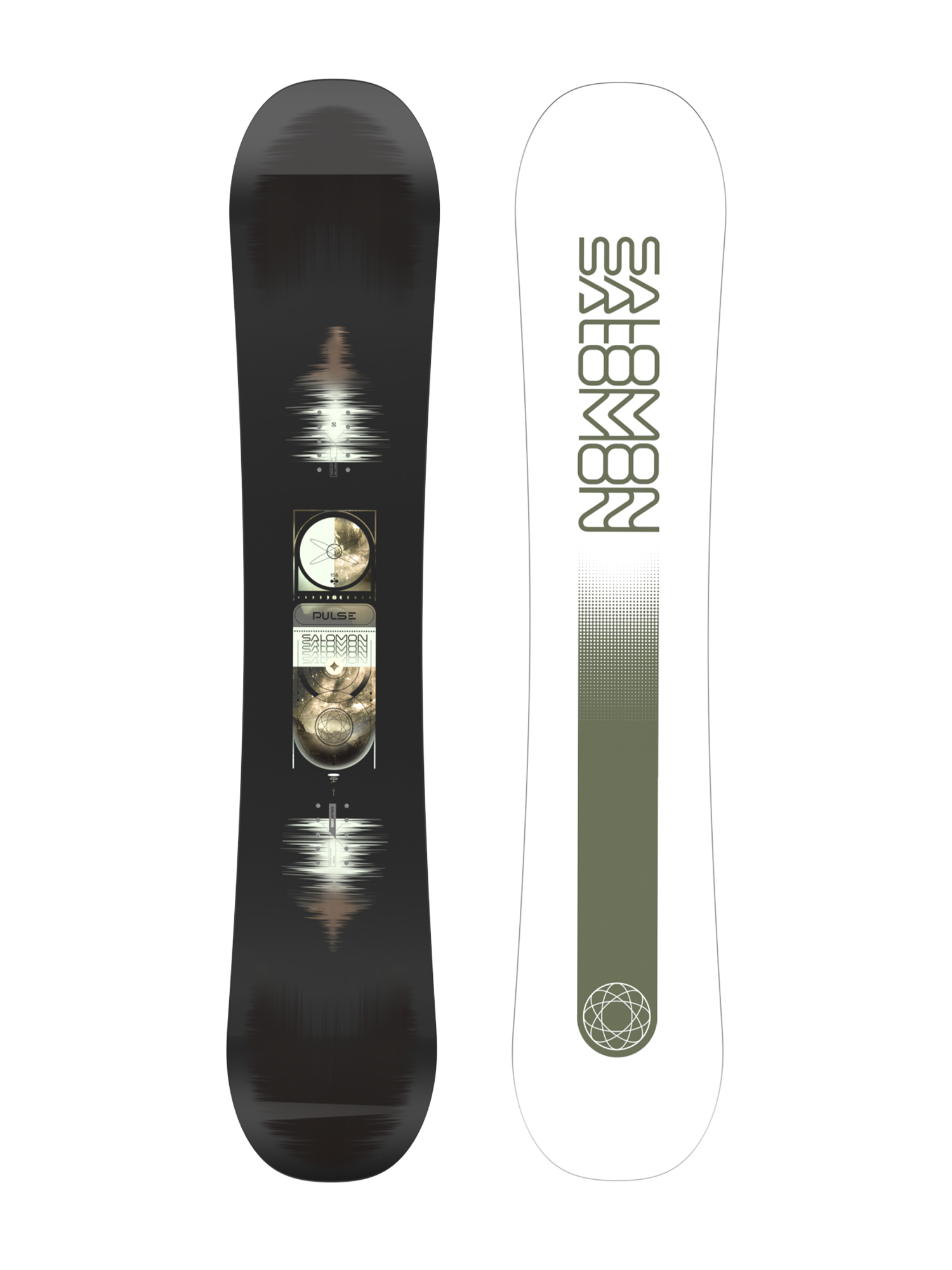 men's Salomon Pulse snowboard, black with white and olive green accents
