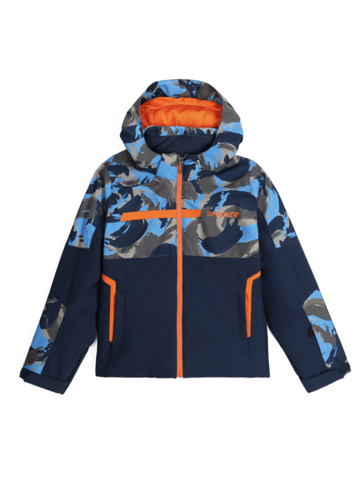 boys' Spyder Challenger ski jacket, blue and blue camo with orange accents