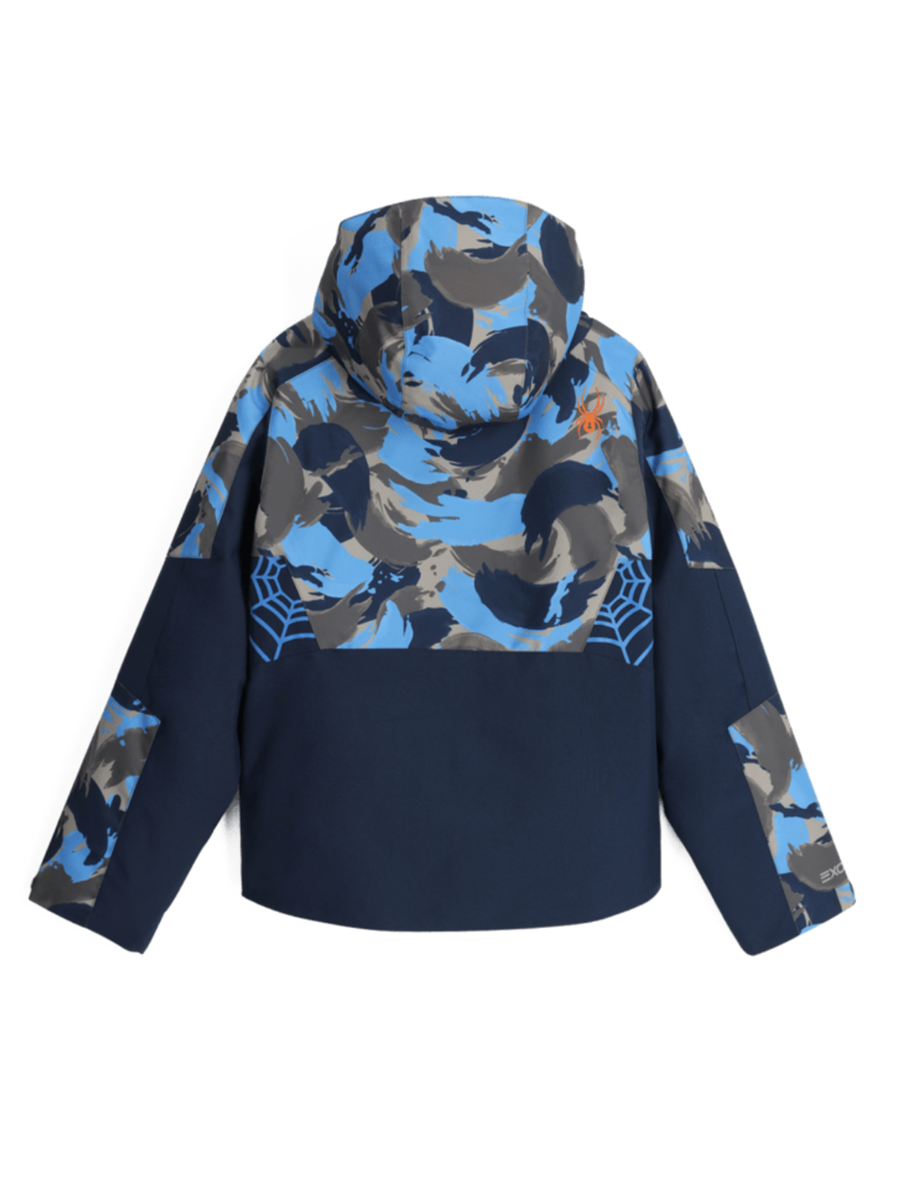 boys' Spyder Challenger ski jacket, blue and blue camo with orange accents