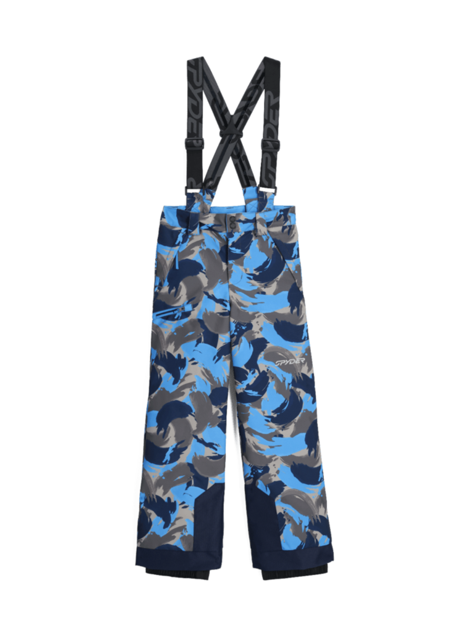 boys' Spyder Propulsion ski pants, blue camo with suspenders.