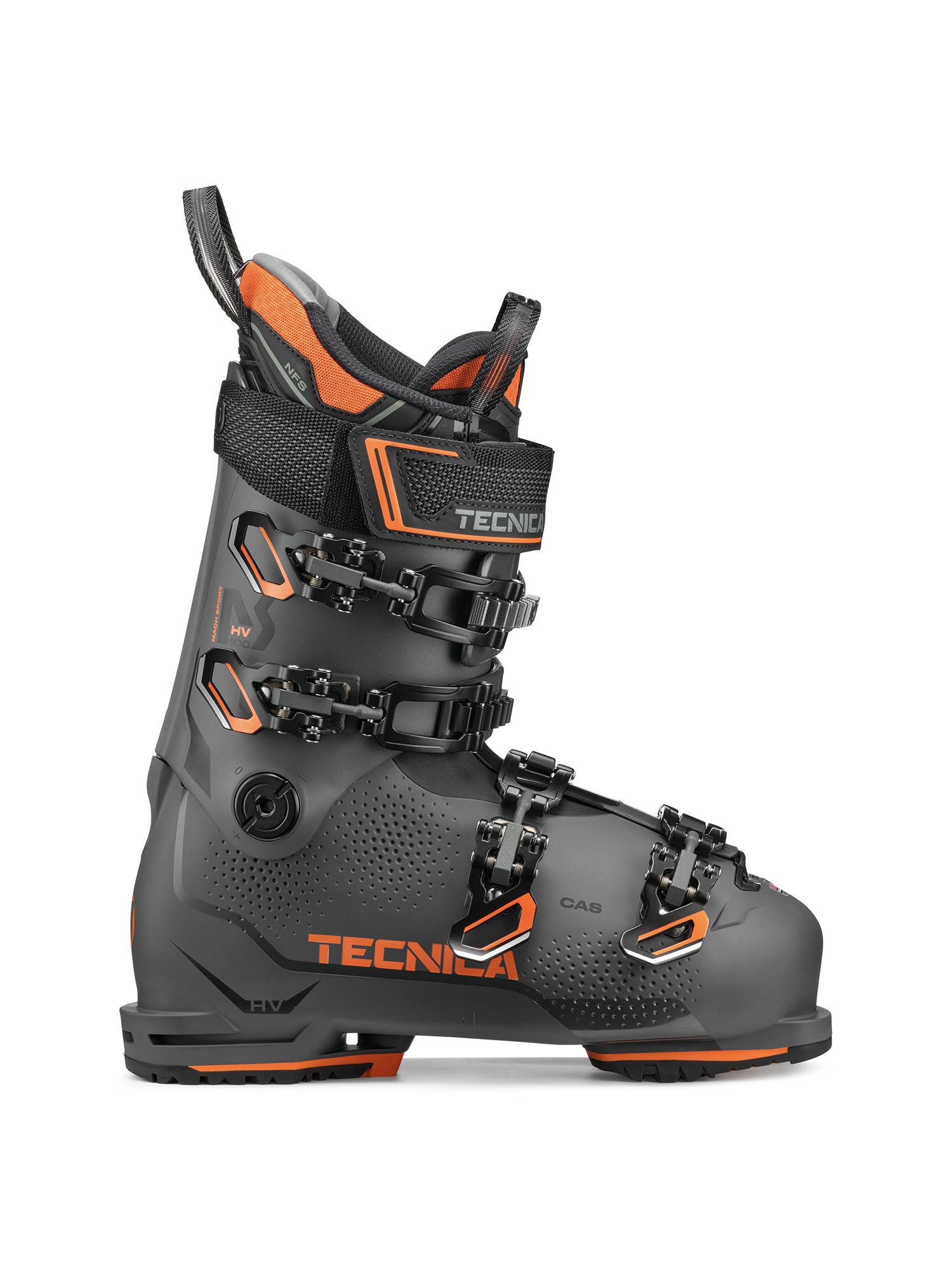 men's Tecnica Mach Sport HV 100 ski boot, gray with black and orange accents