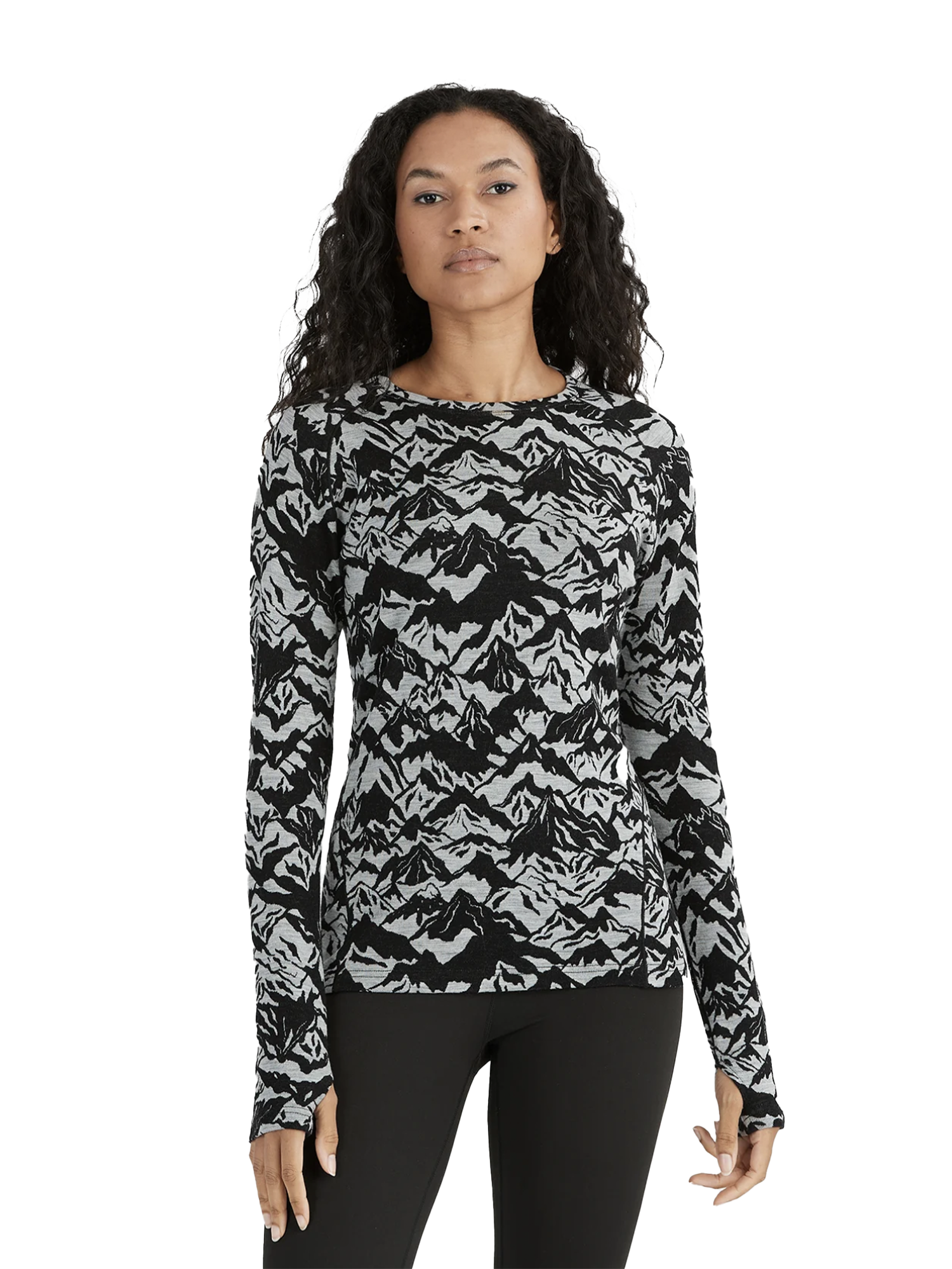 women's base layer top, gray with black mountain graphic