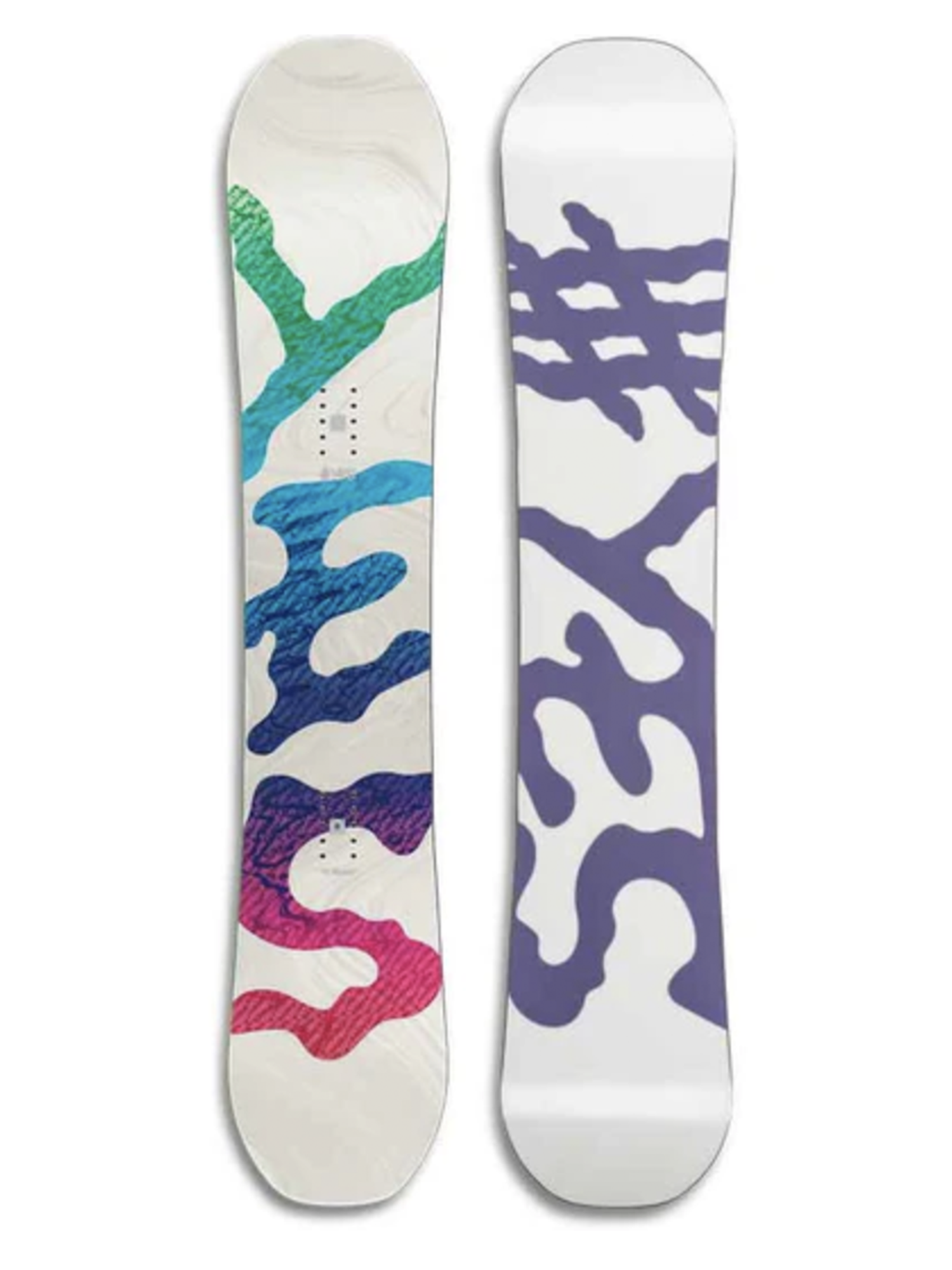 women's Yes Basic snowboard,  white with "YES" in neon colors