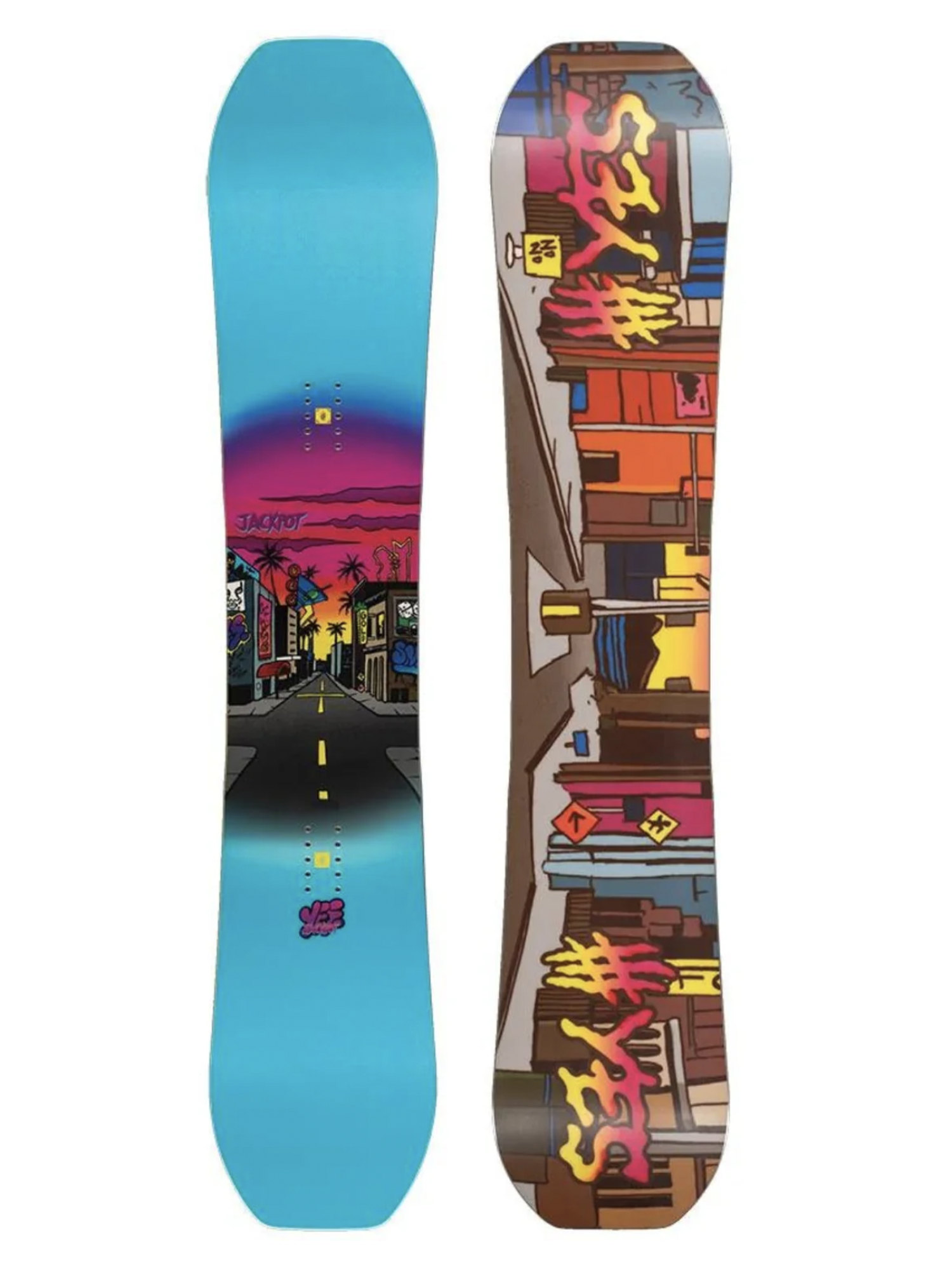 men's Yes Jackpot snowboard, neon city block scene