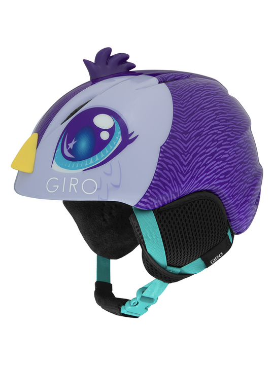 giro launch kids ski helmet, purple penguin graphic
