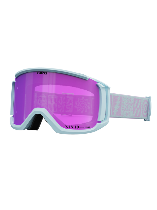 Giro Revolt ski/snowboard googles, light blue & pink strap with geometric design, and pink lens