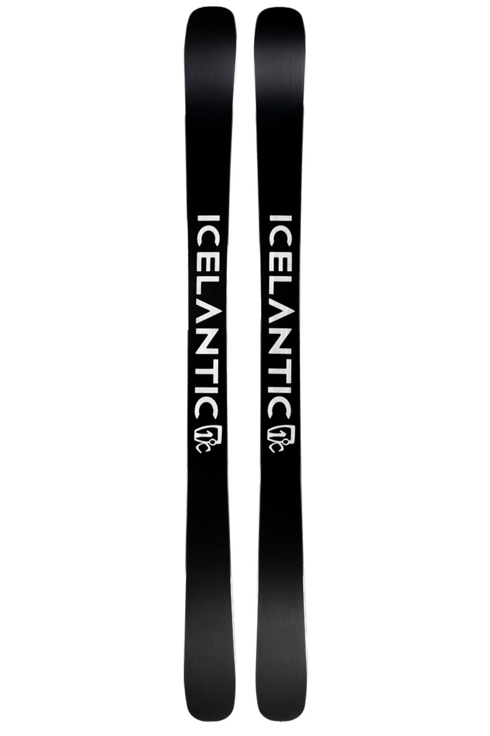 A pair of black skis with white vertical branding reading 'ICELANTIC' and a small logo beneath it, shown against a plain white background.