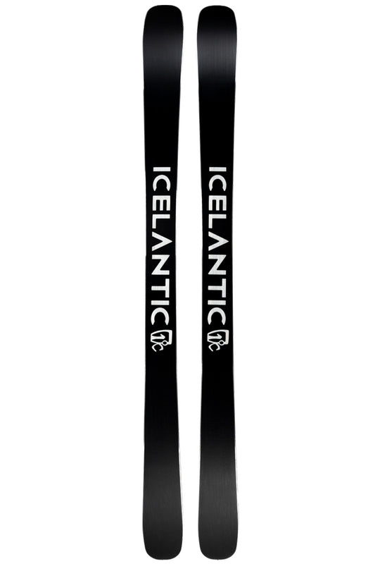 A pair of black skis with white vertical branding reading 'ICELANTIC' and a small logo beneath it, shown against a plain white background.