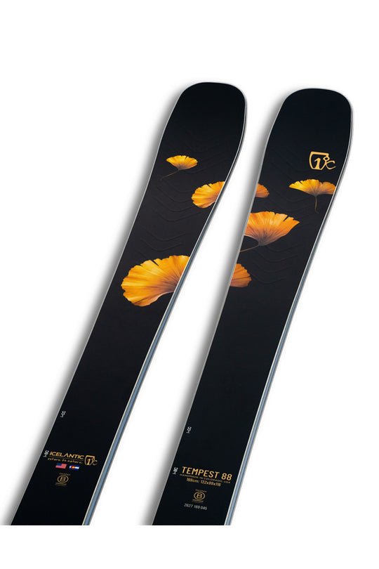 A pair of black skis with a graphic print of orange-yellow flowers, featuring gold and white branding text and logos, shown against a plain white background.