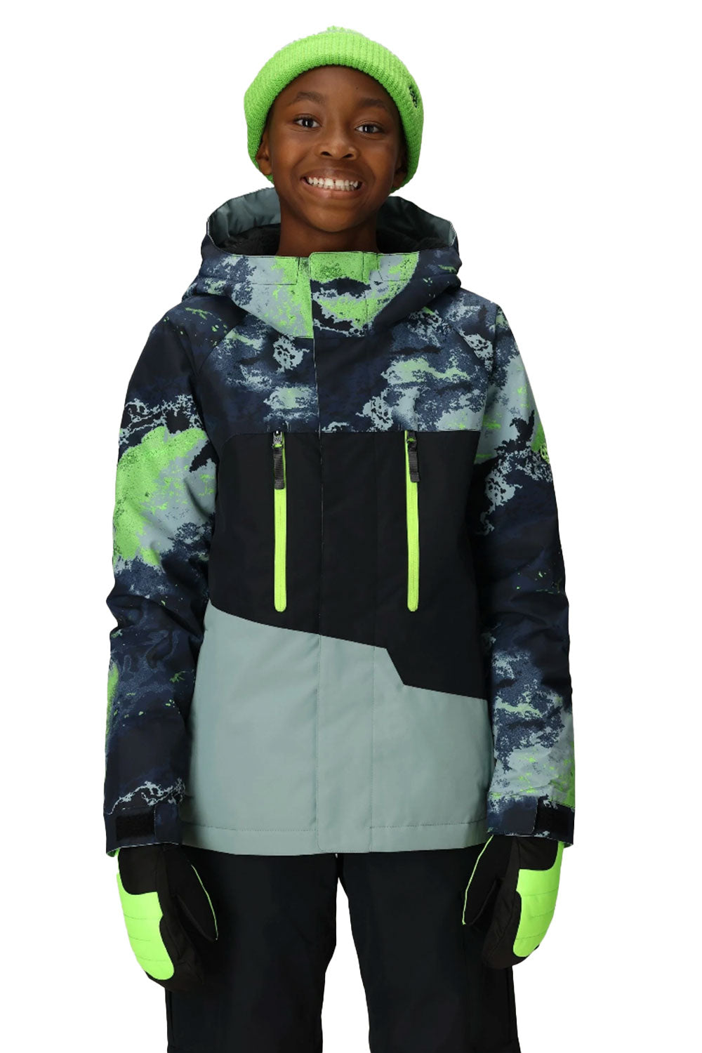 Person wearing a colorful jacket with green accents on a white background