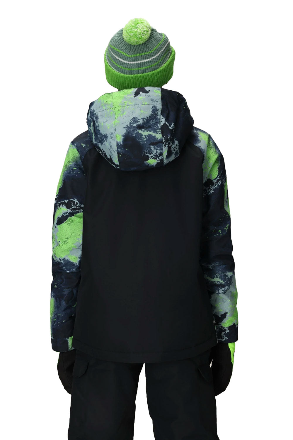 Person wearing a black and green camouflage jacket with a matching beanie on a white background