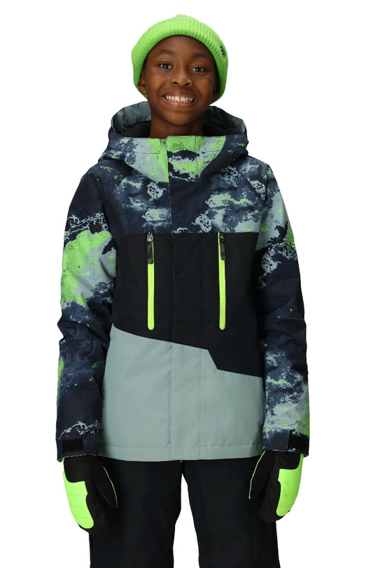 Person wearing a colorful jacket with green accents on a white background