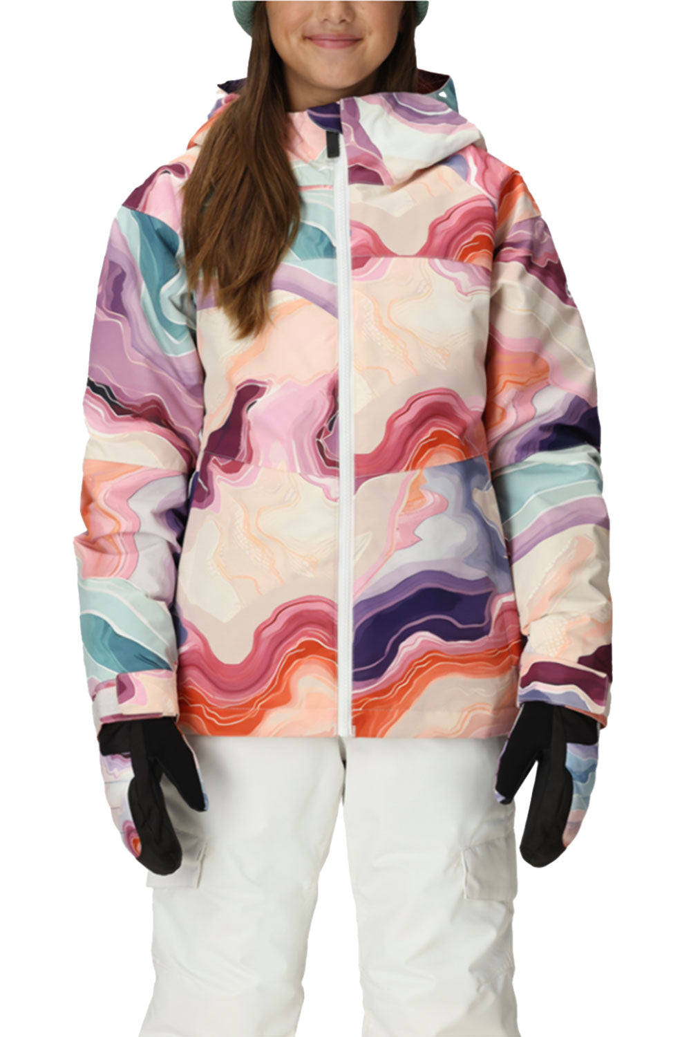 multicolored geode pattern ski jacket