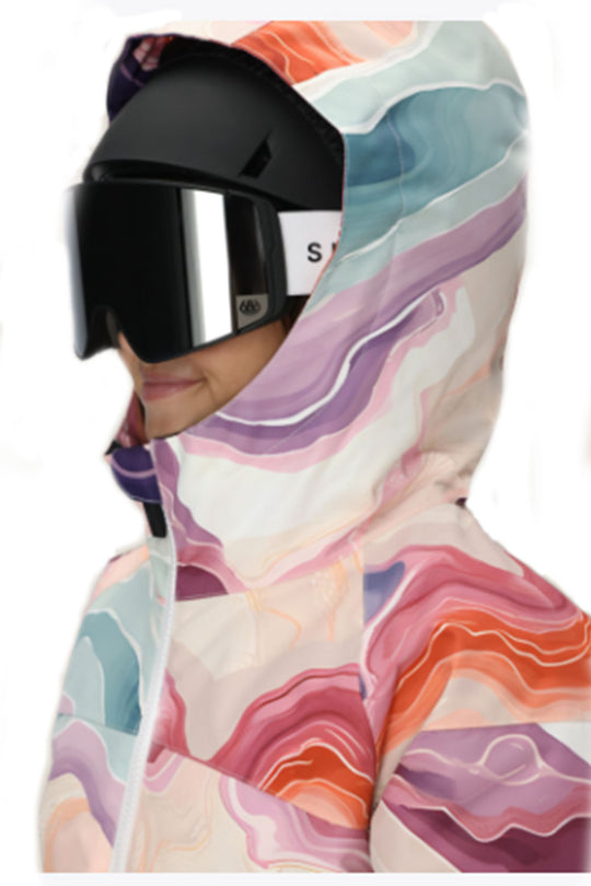multicolored geode pattern ski jacket