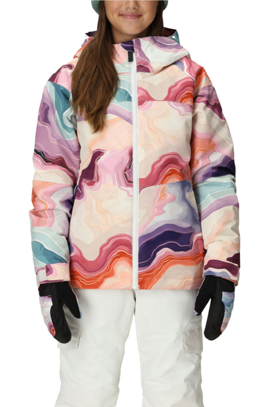multicolored geode pattern ski jacket