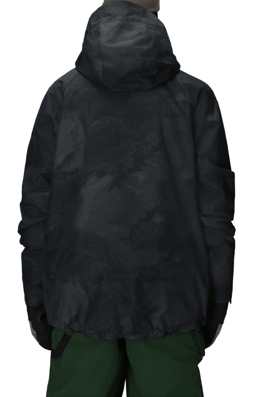 person wearing black camo snowboard jacket