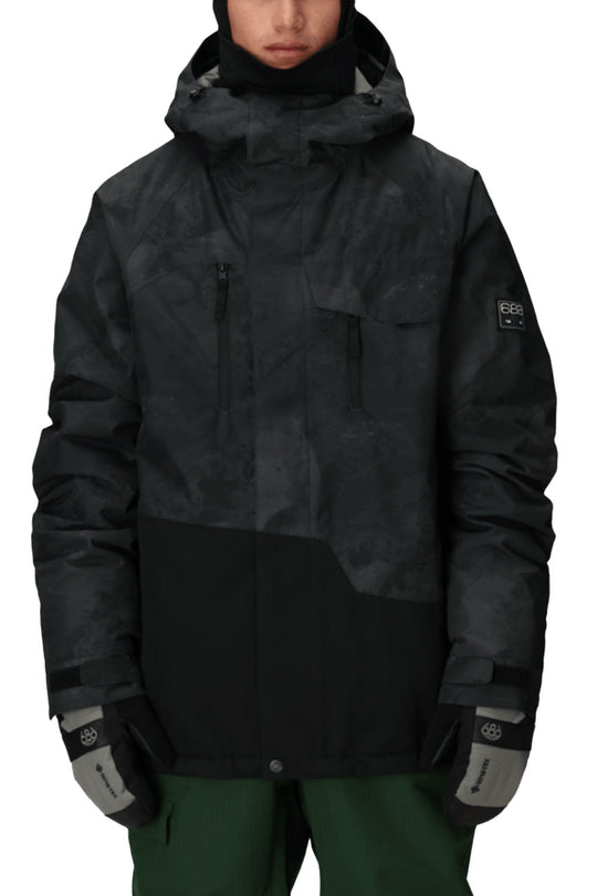 person wearing black camo snowboard jacket