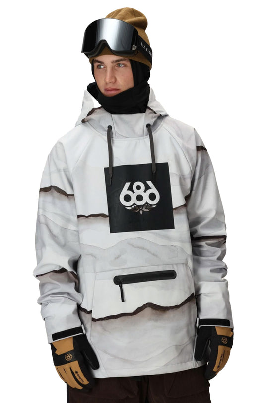 person wearing a 686 hoody with a mountain graphic