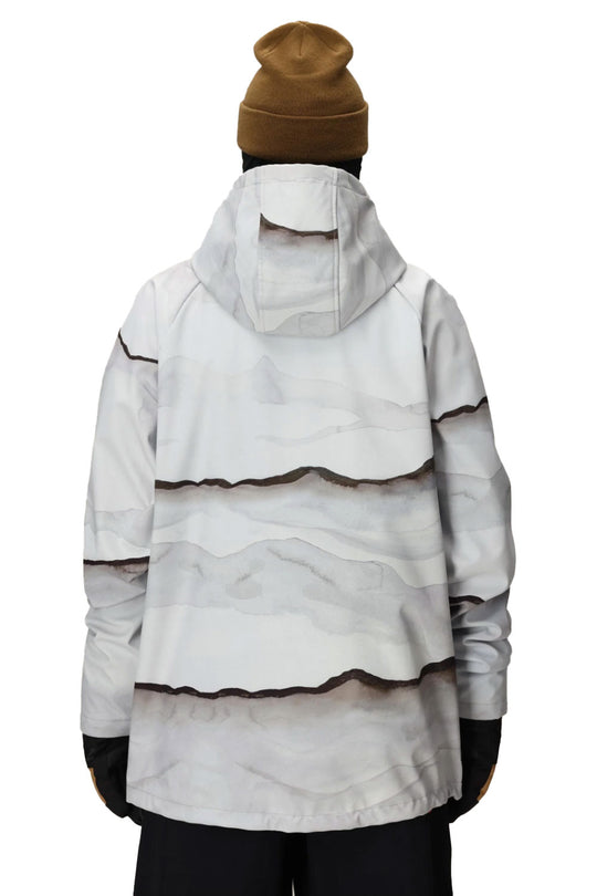 person wearing a 686 hoody with a mountain graphic