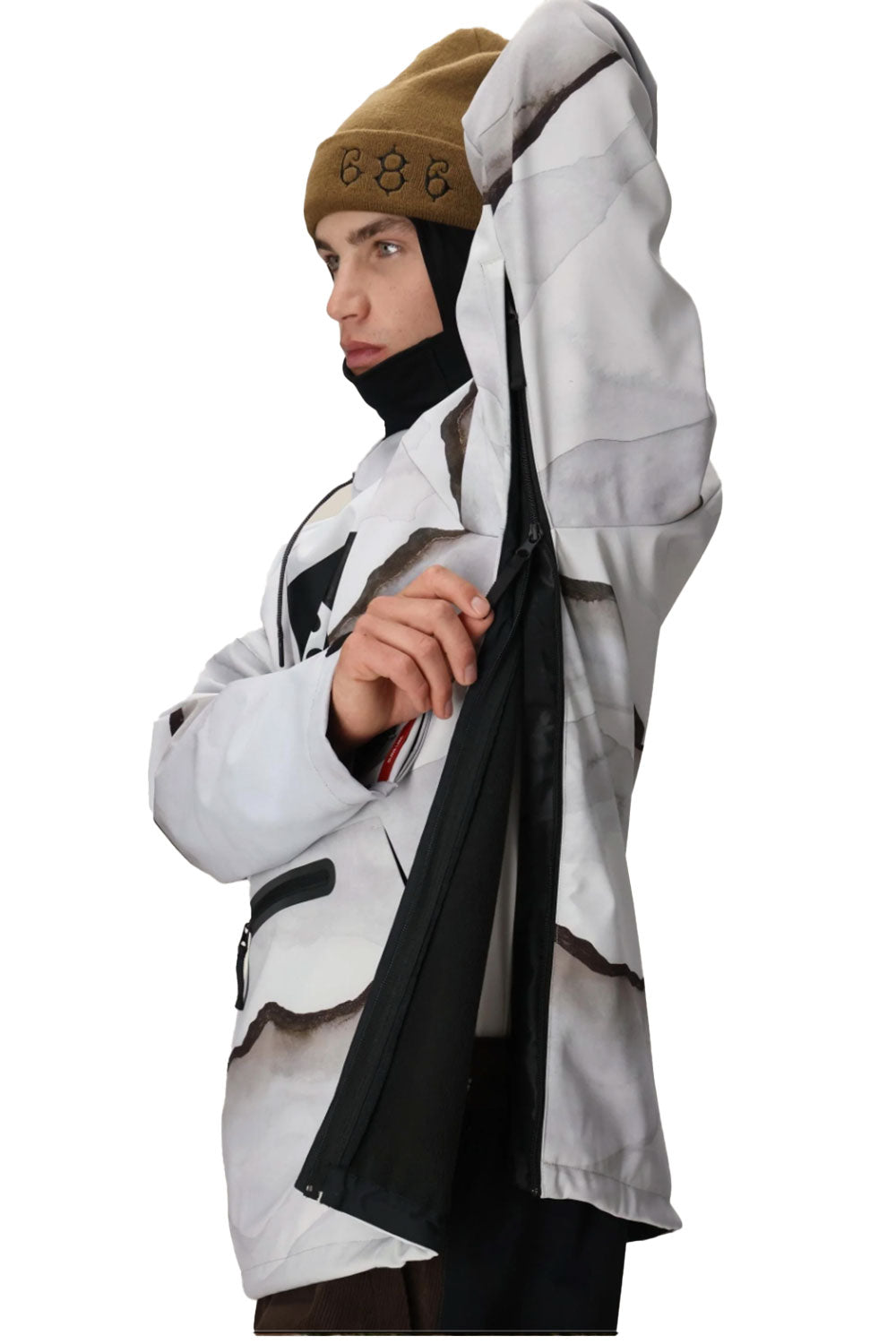 person wearing a 686 hoody with a mountain graphic