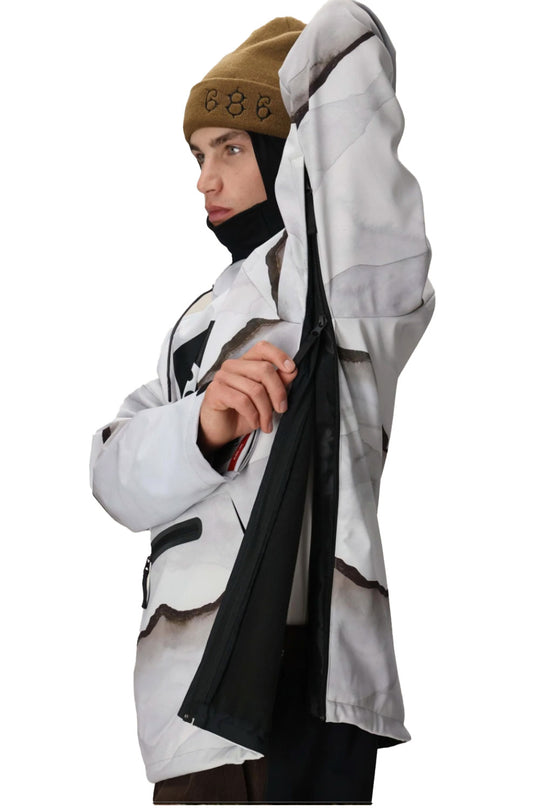 person wearing a 686 hoody with a mountain graphic