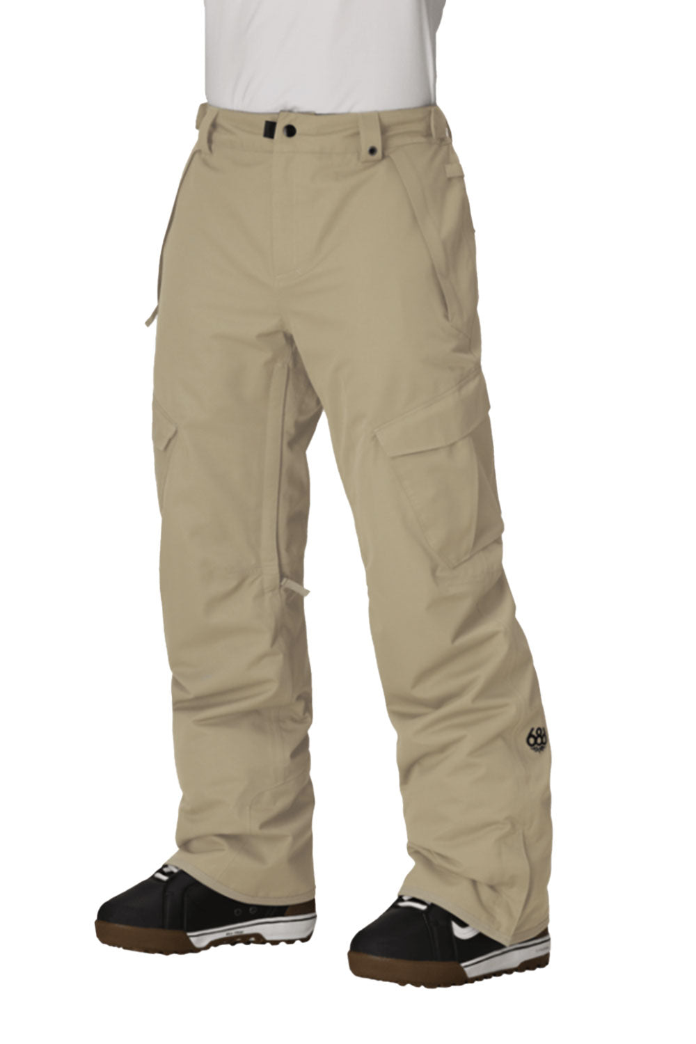 Khaki pants worn by a person on a white background