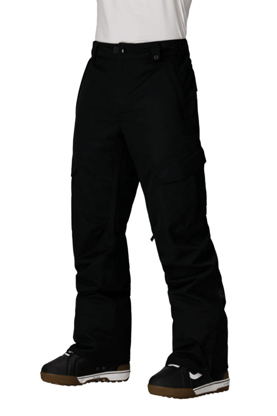 Black snow pants worn by a person on a white background
