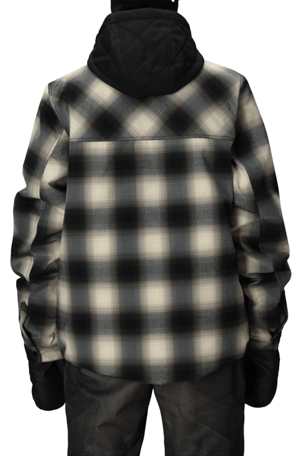 Person wearing a black and white checkered jacket on a white background