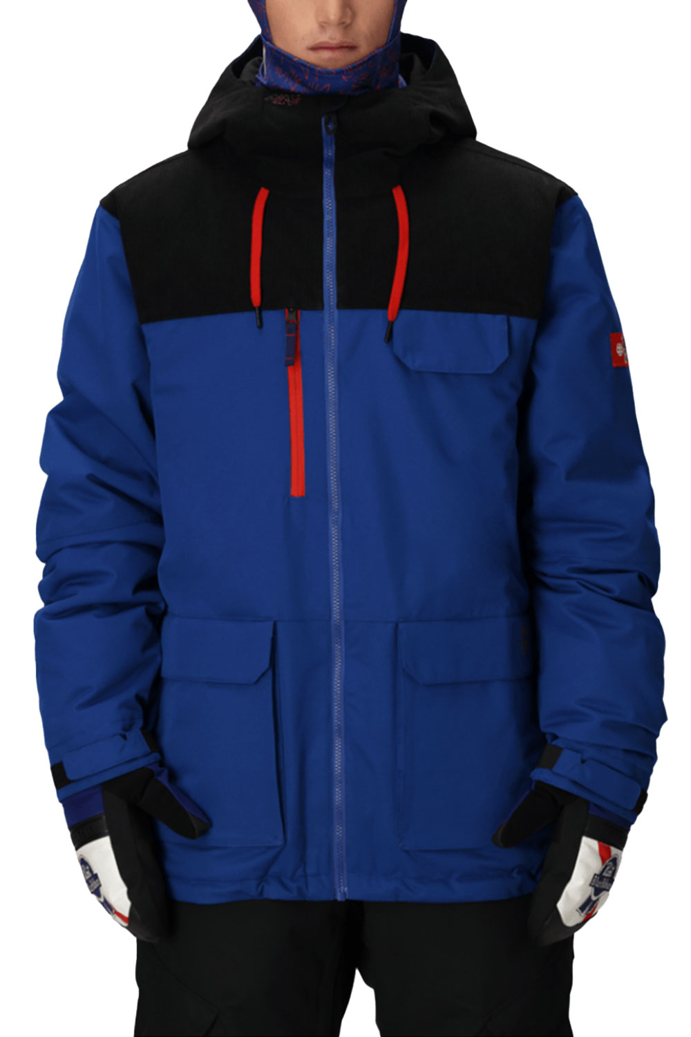 Blue and black jacket with red accents on a white background