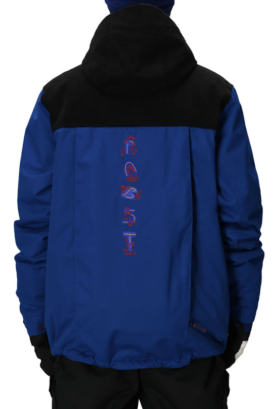 Blue and black jacket with red and white text on the back, worn by a person.