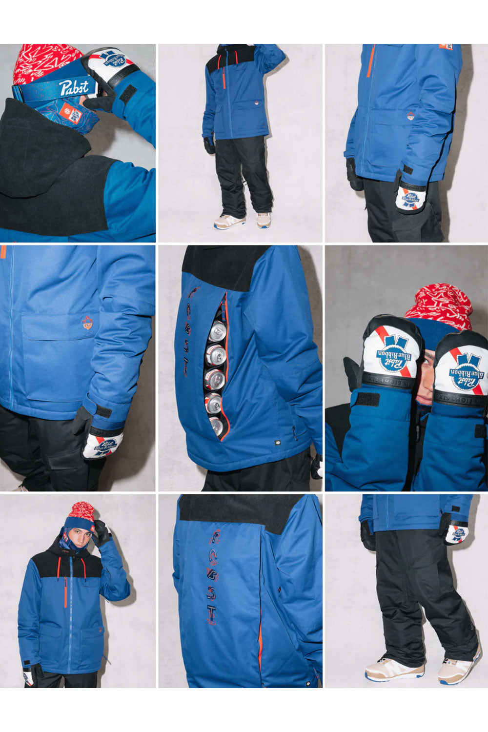 Collage of a blue winter jacket with black pants and red hat on a white background