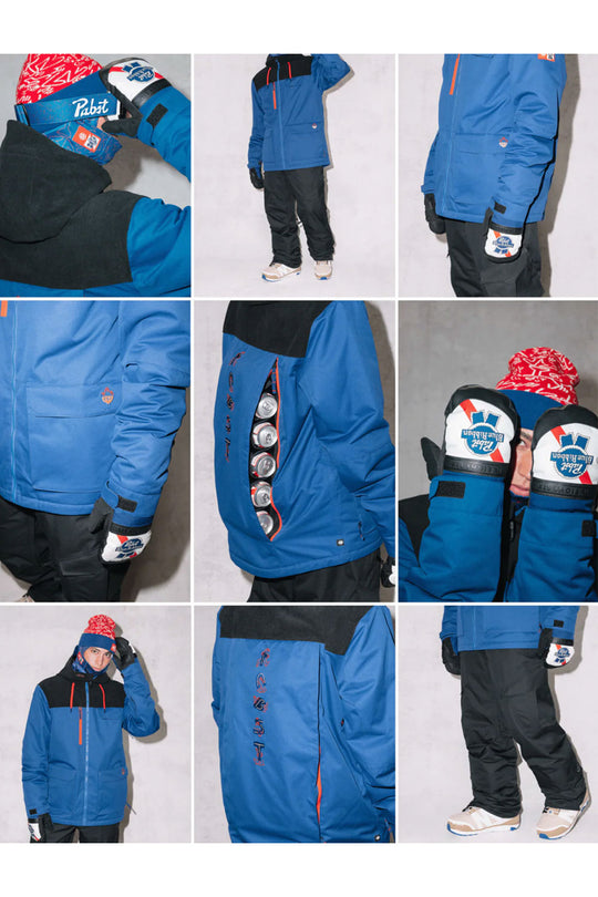 Collage of a blue winter jacket with black pants and red hat on a white background