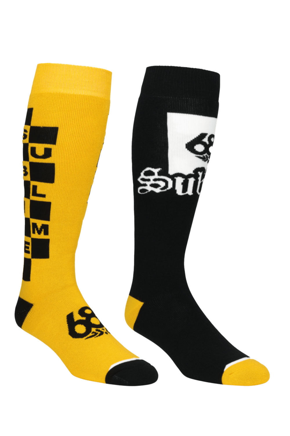 Two socks, one yellow and one black, with visible branding on a white background.