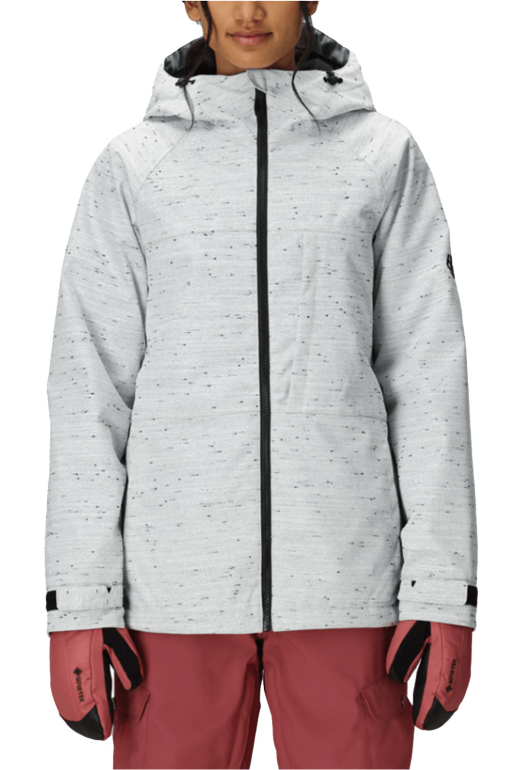 Person wearing a gray textured jacket with a hood, maroon pants, and pink gloves on a white background
