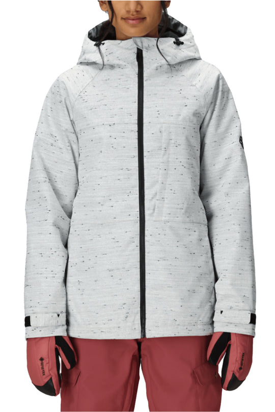 Person wearing a gray textured jacket with a hood, maroon pants, and pink gloves on a white background