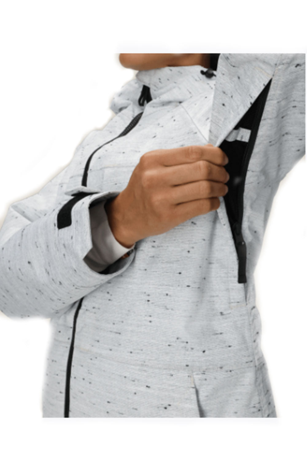 Person wearing a light gray jacket with black zippers and patterns on a white background