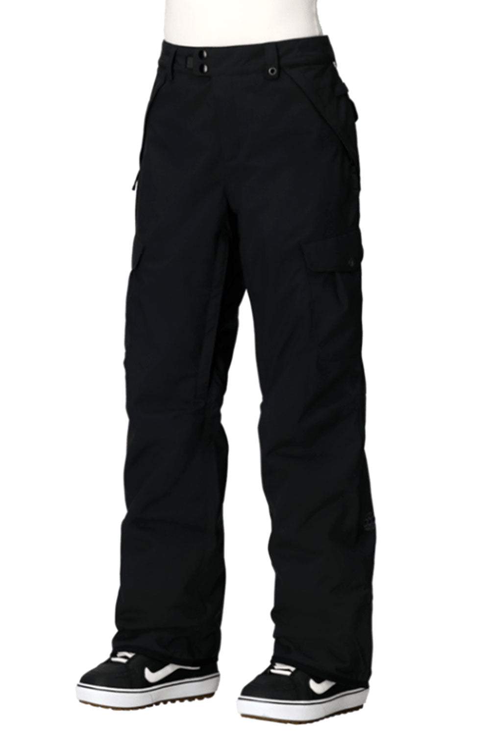 Black snow pants worn by a person on a white background