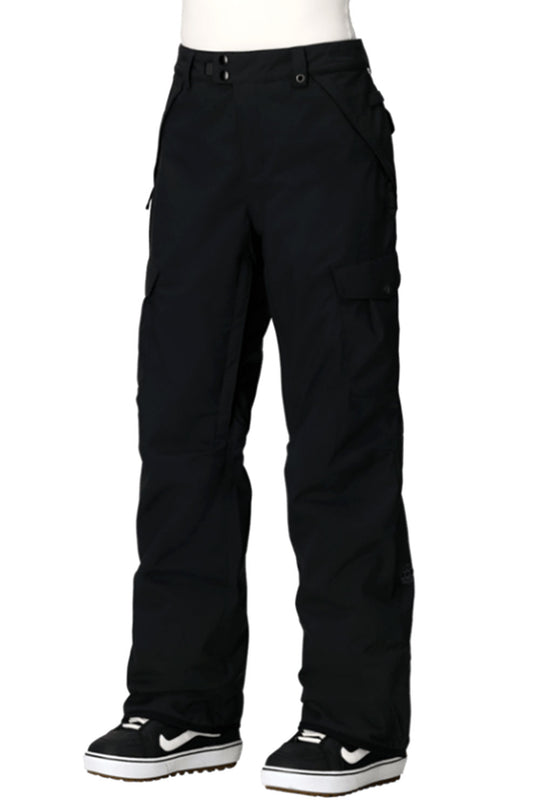 Black snow pants worn by a person on a white background