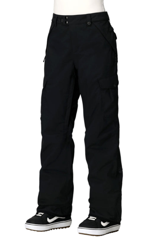 Black snow pants worn by a person on a white background